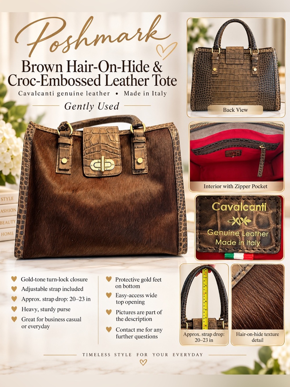 Cavalcanti Brown Hair-On-Hide Croc Embossed Leather Tote Made in Italy